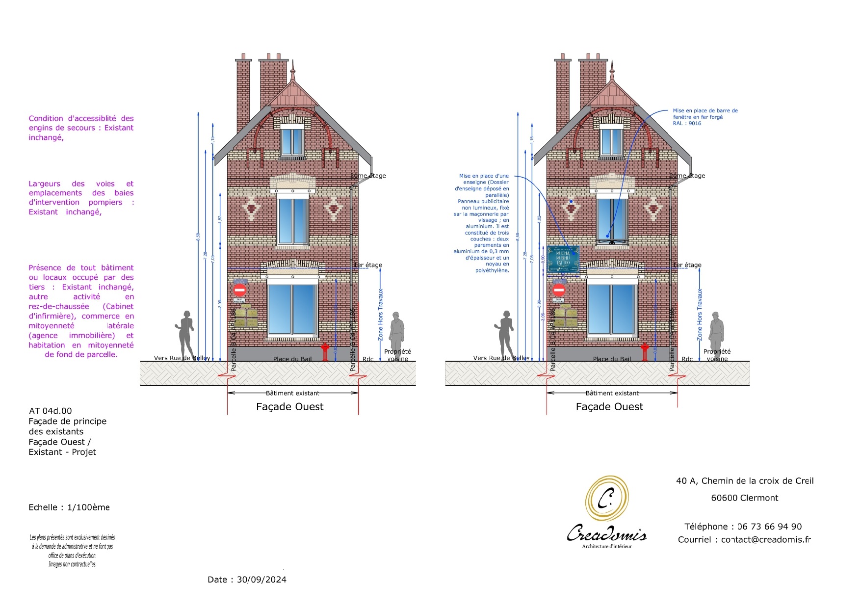 Creadomis - Création ERP Salon de tatouage - Oise - Ressons sur Matz - AT 04d.00 - Façade Ouest des existants et du projet