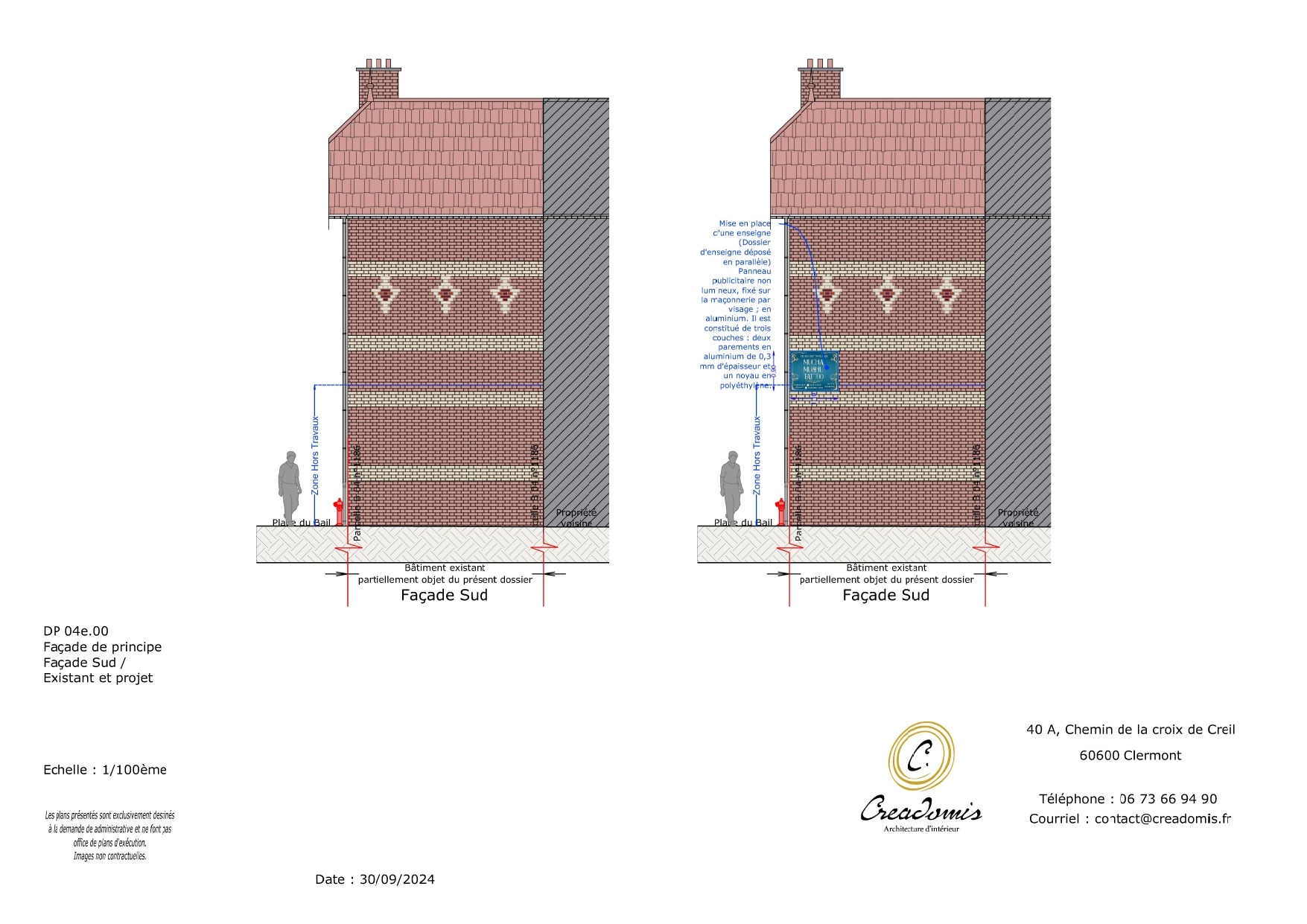 Creadomis - Création ERP Salon de tatouage - Oise - Ressons sur Matz - DP 04e.00 - Façades Sud des existants et du projet